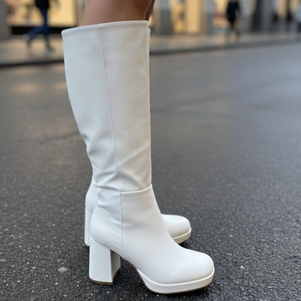 White Knee-High Platform Boots | Block Heel Retro 60s 70s Mod Go-Go Style - Picture 2 of 5